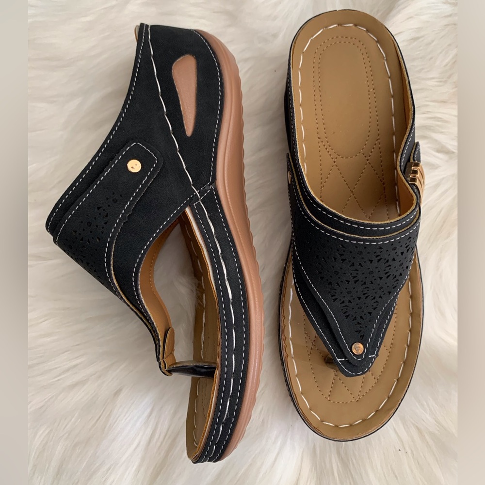 Black and Tan Women's Wedge Sandals EU39 - Picture 3 of 8